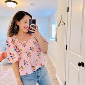 GANNI Pink Floral Cotton Smocked Square Neck Top Blouse Small